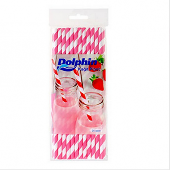 Dolphin Kağıt Pipet Pembe Çizgili Beyaz